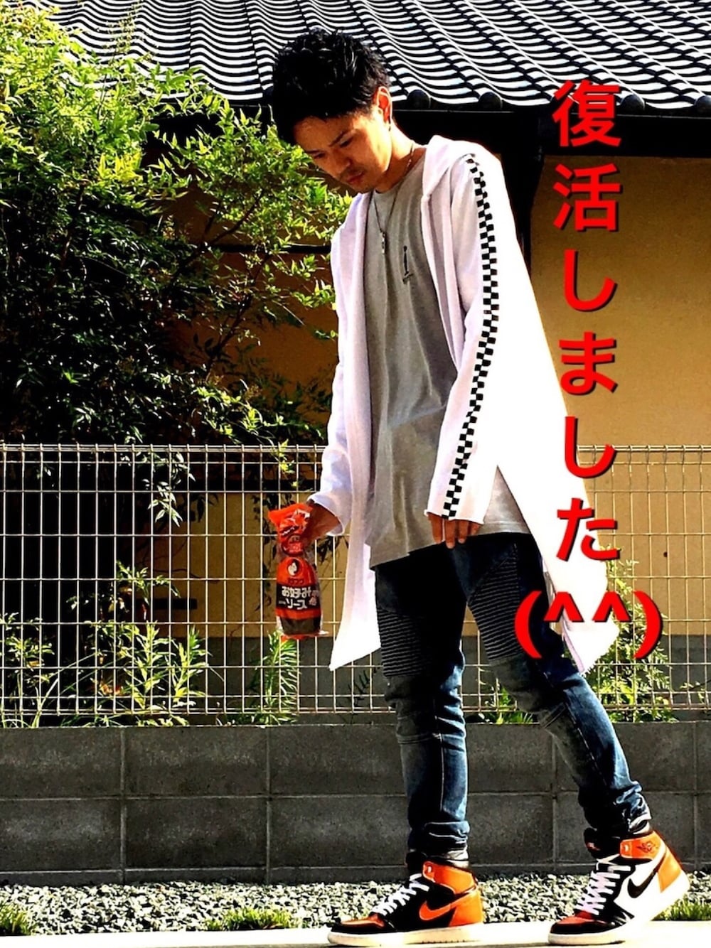 「NIKE、エアジョーダン1、パチモン、ZARA、復活」｜「ZARAの裾切りっぱのロングパーカー（パーカー、ホワイト系）」を使った、帰ってきたSHIGE_KICKS👟さん（メンズ・168cm）の夏コーディネートの1枚目の写真