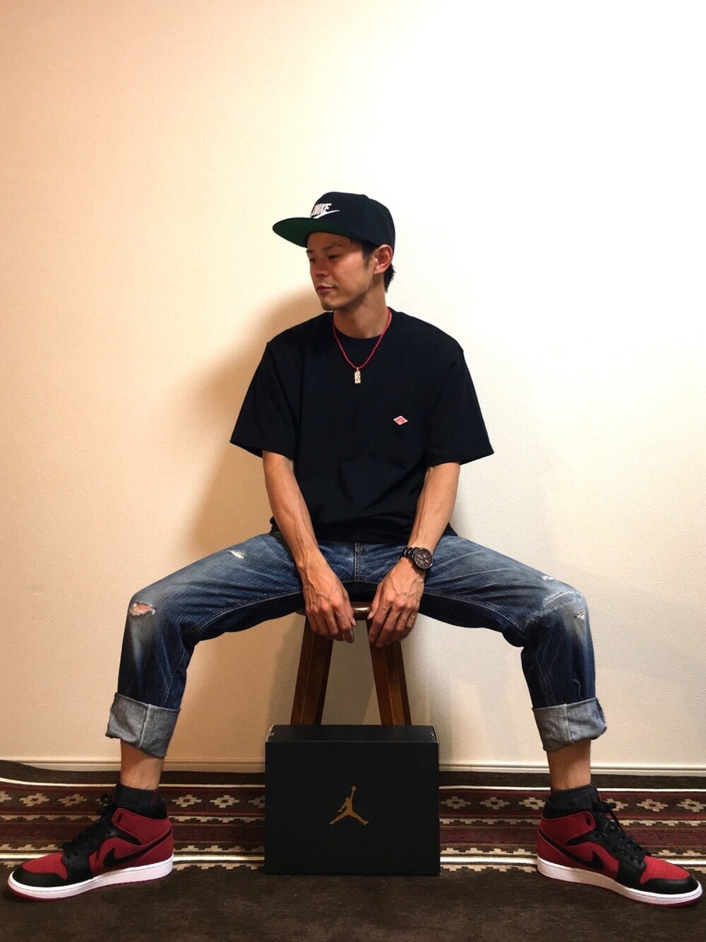 「NIKE、ダントン、Danton、エアジョーダン1、小窓ストーリー」｜「NIKEのNIKE U NSW PRO CAP FUTURA (BLACK/PINE GREEN/BLACK/WHITE)（キャップ、ブラック系）」を使った、帰ってきたSHIGE_KICKS👟さん（メンズ・168cm）の夏コーディネートの1枚目の写真