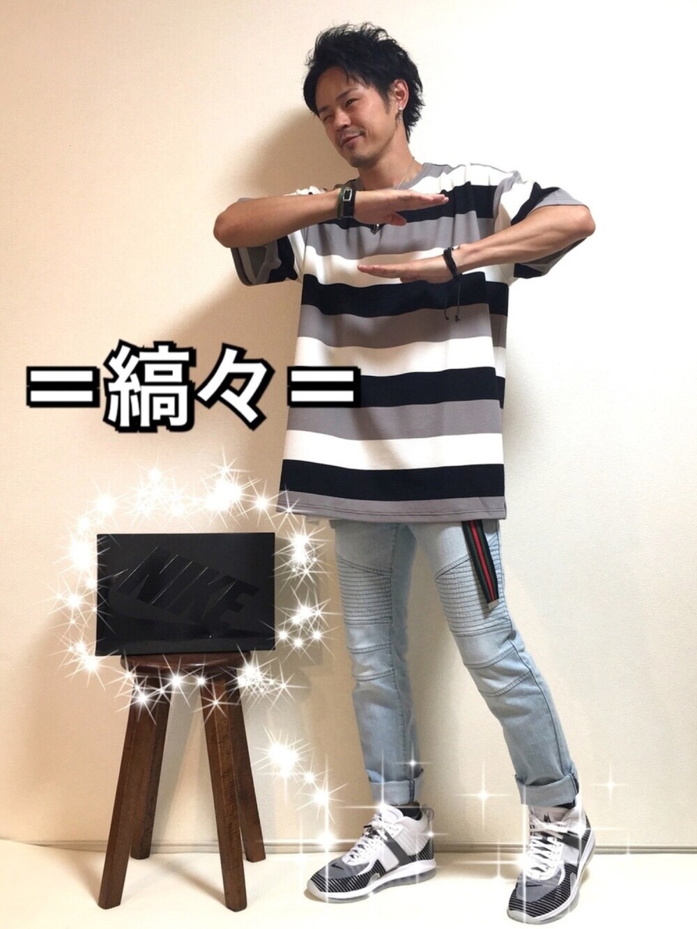 「しましまフェス、しましまフェス告知、NIKE、ナイキ、スニーカー、スニーカーコーデ、レブロン、EDWIN、ビッグシルエット、ボーダー」｜「FAKIE\STANCEのアイテム（Tシャツ/カットソー、その他）」を使った、帰ってきたSHIGE_KICKS👟さん（メンズ・168cm）の夏コーディネートの1枚目の写真