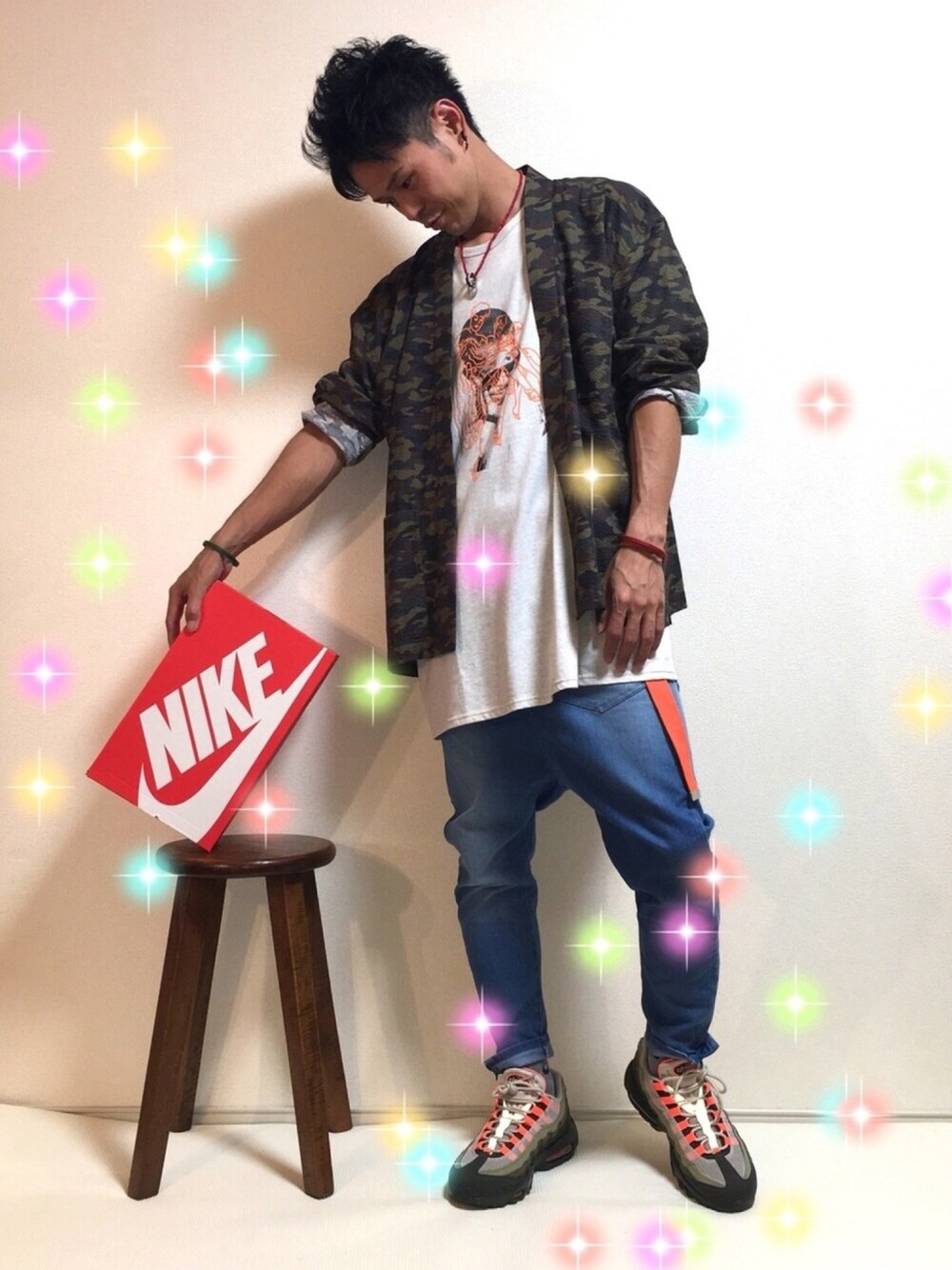 「NIKE、ナイキ、スニーカー、オレンジ、オーバーサイズ、STOF、brain dead、ビックシルエット、短足、秋コーデ」｜「BRAIN DEADのサラサラ素材で蒸れ安心🎵超熟睡ガード🎵笑（ノーカラージャケット、グリーン系）」を使った、帰ってきたSHIGE_KICKS👟さん（メンズ・168cm）の夏コーディネートの1枚目の写真