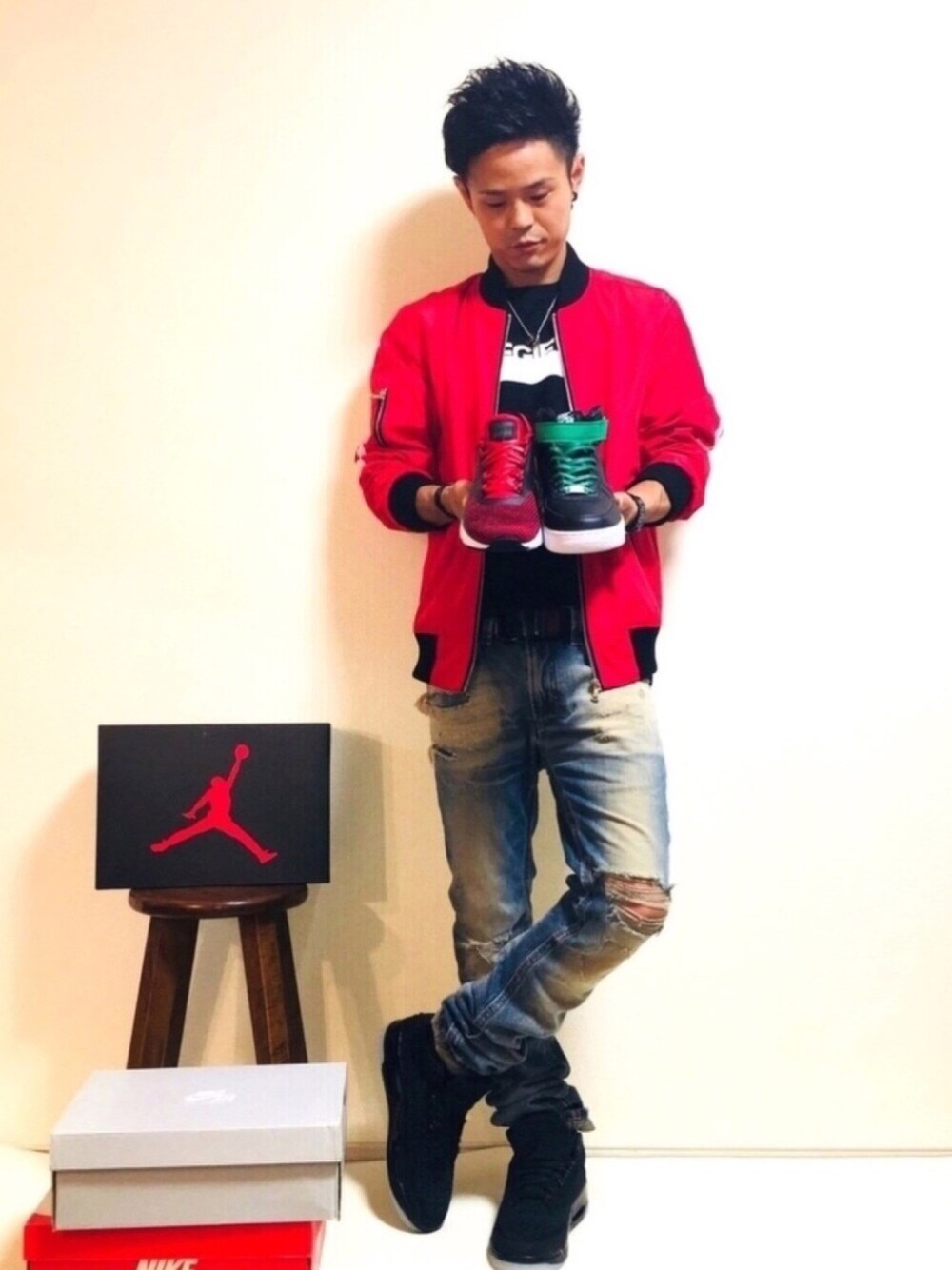 「ナイキ、ディーゼル、REGIEVO、里親募集中、AF1里親、AM0里親」｜「Growth by in the atticのアイテム（ブルゾン、レッド系）」を使った、帰ってきたSHIGE_KICKS👟さん（メンズ・168cm）の夏コーディネートの1枚目の写真