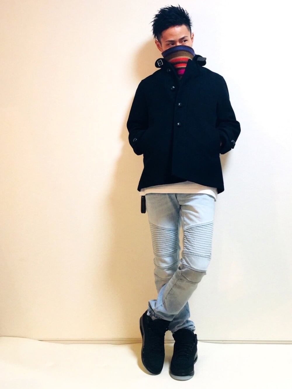 「NIKE、ナイキ、スニーカー、AJ3、マリンコート、ビューティ&ユース、ポールスミス、マフラー、もはや冬コーデ」｜「Paul SmithのCOLOR STRIPE REVERSIBLE MUFFLER / 240423 900B（マフラー、その他）」を使った、帰ってきたSHIGE_KICKS👟さん（メンズ・168cm）の秋コーディネートの1枚目の写真