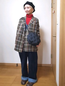 「チェックジャケット」｜「アイテム（サロペット/オーバーオール）」を使った、love blue さん（レディース・158cm）の秋コーディネート