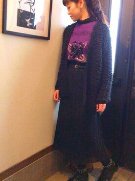 「パープル×黒」｜「アイテム（ドレスシューズ）」を使った、anneさん（レディース・163cm）の冬コーディネート