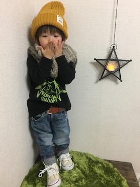 「アイテム（ラッピングキット、レッド系）」を使った、JINさん（キッズ・80cm）の冬コーディネート