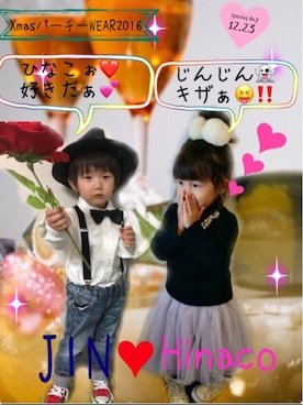 「アイテム（ラッピングキット、レッド系）」を使った、JINさん（キッズ・80cm）の冬コーディネート