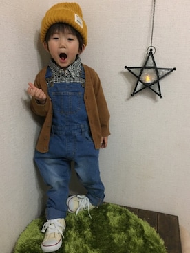 「H&M（エイチ・アンド・エム）のアイテム（カーディガン/ボレロ）」を使った、JINさん（キッズ・80cm）の冬コーディネート
