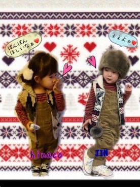 「アイテム（ラッピングキット、レッド系）」を使った、JINさん（キッズ・80cm）の冬コーディネート