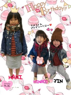 「アイテム（ラッピングキット、レッド系）」を使った、JINさん（キッズ・80cm）の冬コーディネート