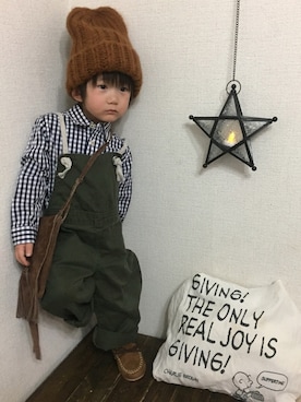 「アイテム（ラッピングキット、グリーン系）」を使った、JINさん（キッズ・80cm）の冬コーディネート