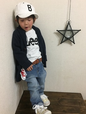 「アイテム（ラッピングキット、グリーン系）」を使った、JINさん（キッズ・80cm）の冬コーディネート