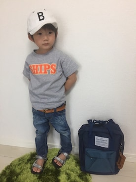 「アイテム（バックパック/リュック、ブルー系）」を使った、JINさん（キッズ・90cm）の夏コーディネート