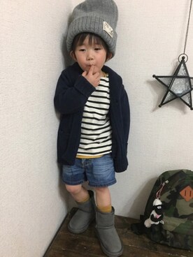 「アイテム（ラッピングキット、グリーン系）」を使った、JINさん（キッズ・80cm）の冬コーディネート