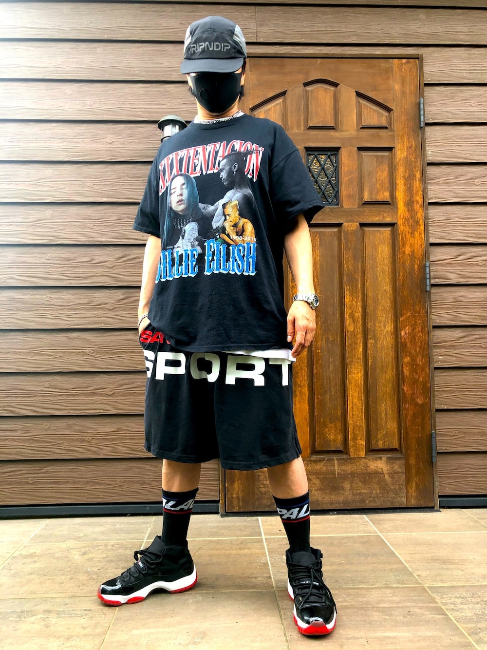 「ripndip、AIR JORDAN、Jordan、WILLY CHAVARRIA、Tシャツ、ショートパンツ、NIKE、短パン、ロックT、ROLEX」｜「WILLY CHAVARRIAのアイテム（その他パンツ、ブラック系）」を使った、ianruzakさん（メンズ・170cm）の夏コーディネートの1枚目の写真