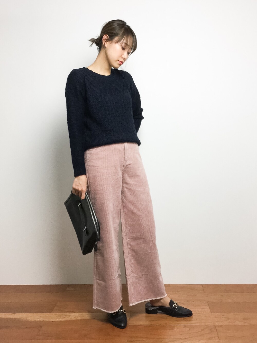 「ニット、コーデュロイ、大人カジュアル、ワイドパンツ」｜「Te chichi TERRASSEの３Ｇアルパカ混柄編みプルオーバー（ニット/セーター、ブルー系）」を使った、chiharuさん（レディース・160cm）の冬コーディネートの1枚目の写真