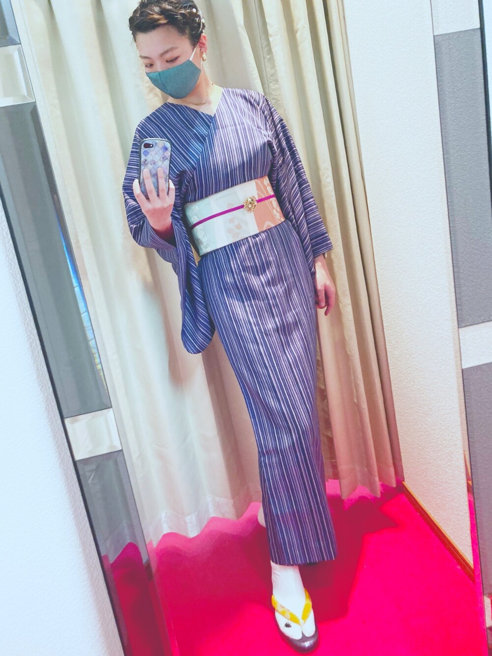 「着物、着物コーデ、きもの、仕立屋甚五郎、簡単、脚長効果、普段着物、kimono、帯、ストライプ」｜「仕立屋甚五郎のアイテム（着物、ブルー系）」を使った、sutoさん（レディース・169cm）の冬コーディネートの1枚目の写真