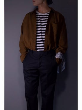 「H&M（エイチ・アンド・エム）のNavy/White Striped Tee（Tシャツ/カットソー、ホワイト系）」を使った、ジョジョさん（メンズ）の秋コーディネート