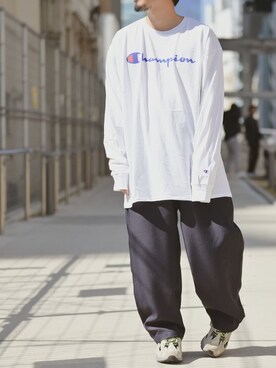 M Champion チャンピオン ロゴプリントロングtシャツ 長袖 ロンtを使った人気ファッションコーディネート Wear