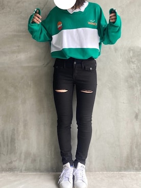 「EMODA（エモダ）のサイスラッシュハイウエストパギンス（デニムパンツ、ブラック系）」を使った、ムクさん（レディース・158cm）の春コーディネート