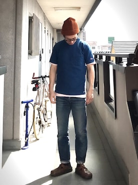 「DECHO ×ANACHRONORMのアイテム」を使った、デニメガネさん（メンズ・169cm）の春コーディネート