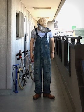 「ポケットＴシャツ」｜「アイテム（サロペット/オーバーオール）」を使った、デニメガネさん（メンズ・169cm）の夏コーディネート