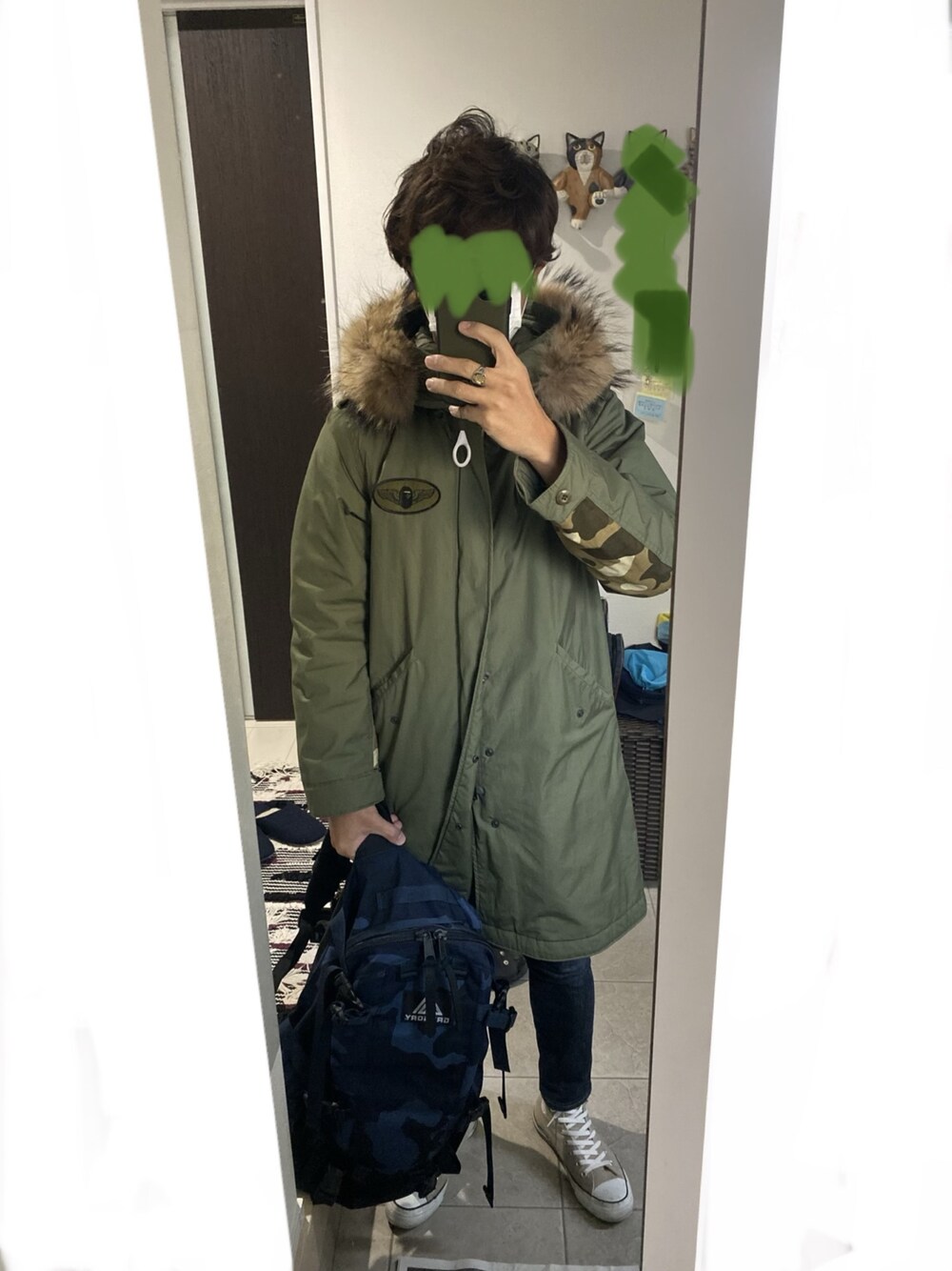 「年末WEAR感謝祭、出勤コーデ」｜「A BATHING APEのCOLOR CAMO MODS COAT（モッズコート、グリーン系）」を使った、jjjjjjkkkk さん（メンズ・172cm）の冬コーディネートの1枚目の写真
