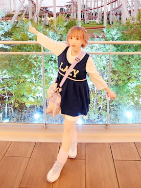 「アイテム（チョーカー、パープル系）」を使った、cindyさん（レディース・148cm）の秋コーディネート