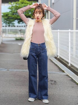 「select MOCA（セレクトモカ）のフロントポケットスリムワイドデニム(ハイウエスト裾フレアワイドデニムパンツ)（デニムパンツ）」を使った、SELECT MOCAさん（レディース・161cm）の秋コーディネート