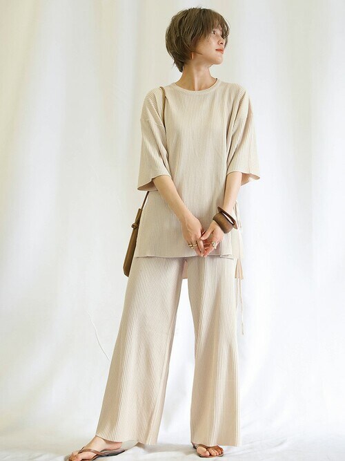 リブサイド編みセットアップ/ラウンドネックリブトップス＆ウエスト