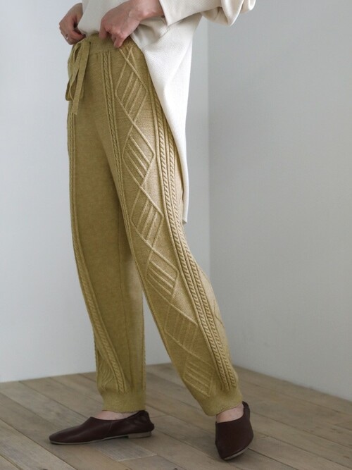 2020 A/W ケーブル編みジョガーニットパンツ/ウエストゴムリラックス裾