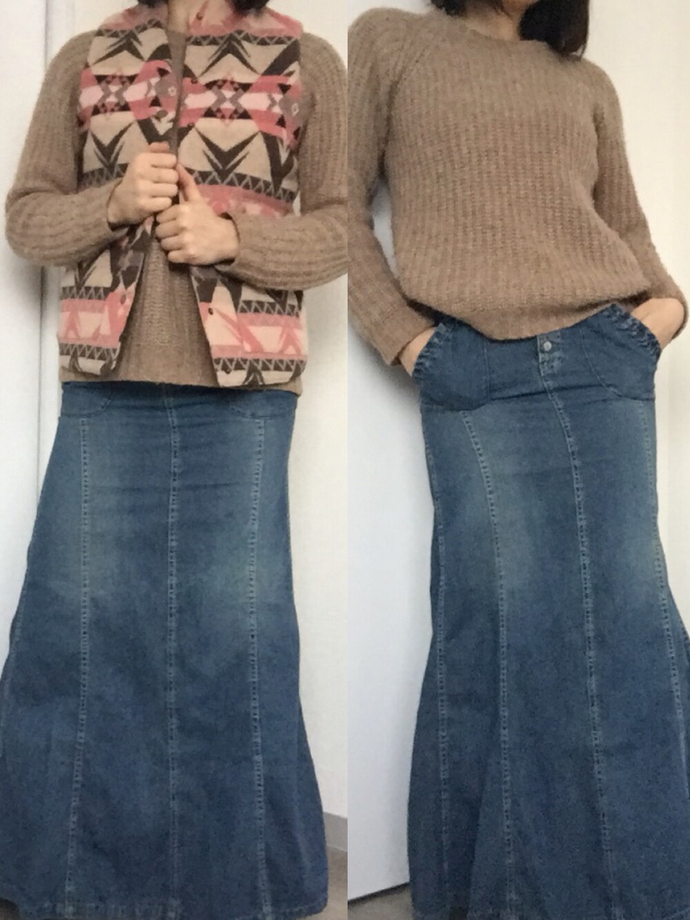 「冬コーデ、シンプル、カジュアルコーデ、秋冬、ざっくりニット、ロングスカート、ペンドルトン、ベスト」｜「PENDLETONのアイテム（ダウンベスト、ベージュ系）」を使った、りさん（レディース・165cm）の冬コーディネートの1枚目の写真