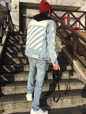 「OFF-WHITE」｜「アイテム（ニットキャップ/ビーニー）」を使った、melloさん（メンズ・170cm）の冬コーディネート