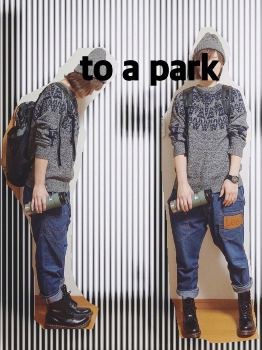 グレー系のニット/セーター、ブルー系のデニムパンツ、ブラック系のブーツを着用したレディースの春コーディネートの1枚目の写真