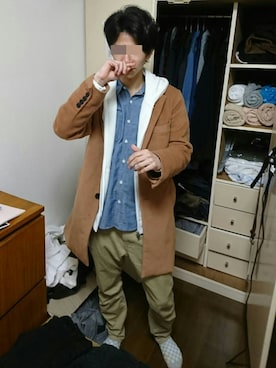 「フユコーデ」｜「アイテム（ステンカラーコート）」を使った、やまさん（メンズ・170cm）の春コーディネート