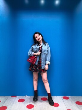 「アイテム（トートバッグ、レッド系）」を使った、autumnさん（レディース・148cm）の春コーディネート