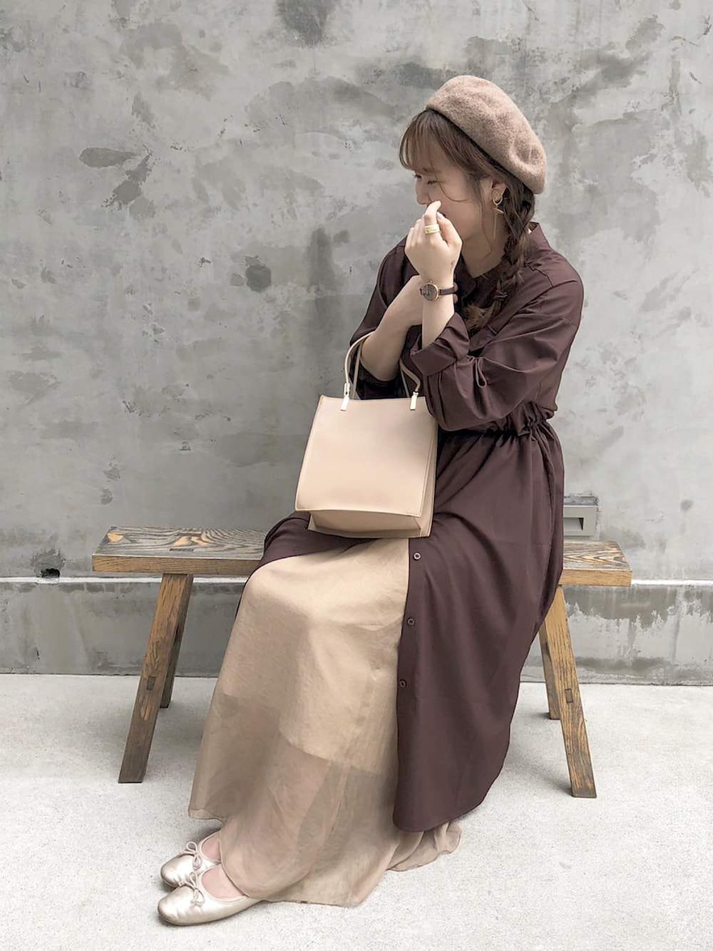「ラブアンドピース2020、秋コーデ、秋服、大人女子、ブラウンコーデ、ワンピース、しまむら、おしゃれさんと繋がりたい」｜「niko and...のオリジナル カラーベレー【niko and ...】（ハンチング/ベレー帽、ベージュ系）」を使った、ちゃーさん（レディース・162cm）の秋コーディネートの1枚目の写真