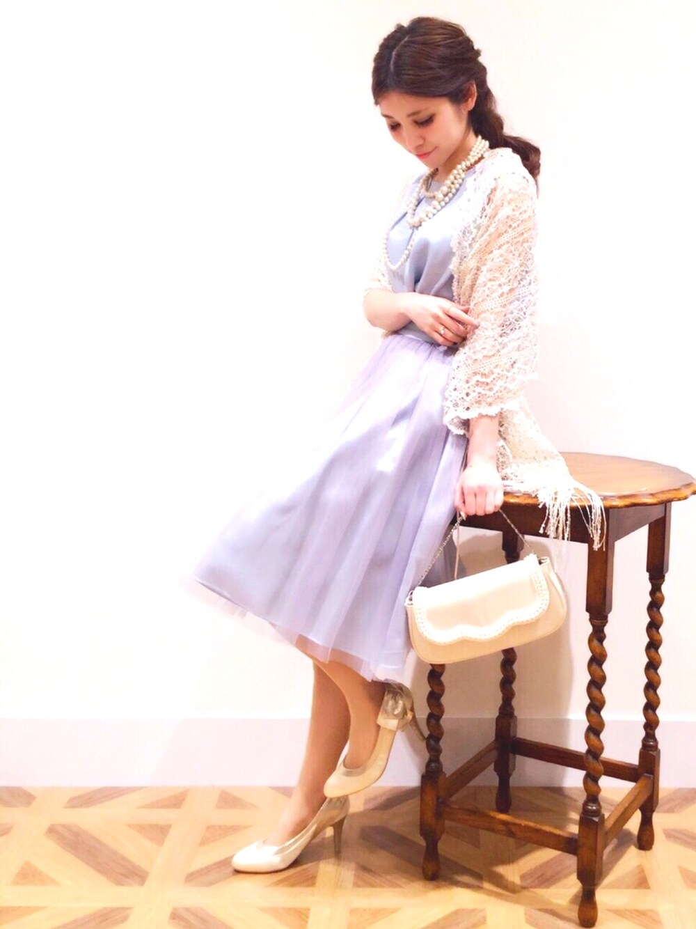 「結婚式二次会スタイル、結婚式、ドレス、フォーマル、アイスブルー、ＧＷ、はるコーデ、パステルカラー」｜「KATHARINE ROSSの【KATHARINE ROSS】 オーバースカート付ワンピース（ドレス、ブルー系）」を使った、saイエベ春  骨格ウェーブさん（レディース・153cm）の春コーディネートの1枚目の写真