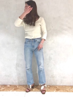 「RANDA（ランダ）の2WAYスカーフリボンサンダル（サンダル、ブラウン系）」を使った、narumi matsuokaさん（レディース・155cm）の春コーディネート