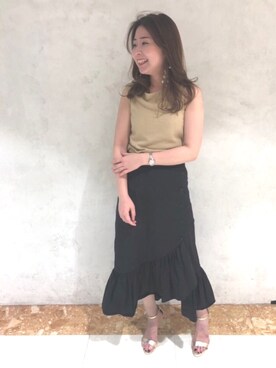 「RANDA（ランダ）のストレスフリー/ゴールドパーツヒールサンダル（サンダル、ゴールド系）」を使った、narumi matsuokaさん（レディース・155cm）の夏コーディネート