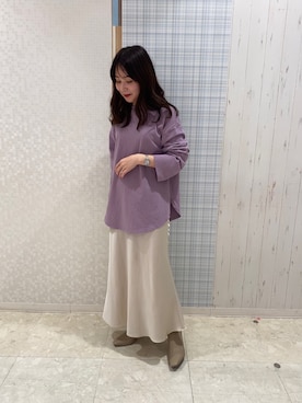 「RANDA（ランダ）のストレスフリー/ソフトストレッチフェイクレザーショートブーツ（ブーツ、ベージュ系）」を使った、narumi matsuokaさん（レディース・155cm）の秋コーディネート