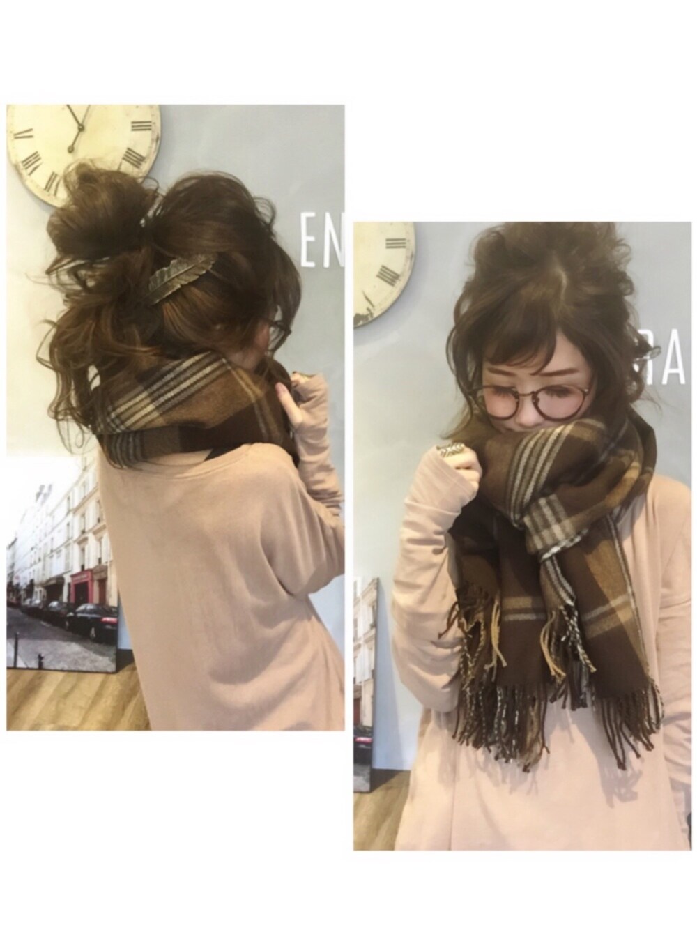 「シンプルコーデ、冬のコーデ、スニーカーコーデ、outfit、マフラー、ママコーデ、ママ美容師、美容師、お団子ヘアー」｜「UngridのルーズロングスリーブTee（Tシャツ/カットソー、ブラウン系）」を使った、SHIORI HIRAI◡̈さん（レディース・153cm）の冬コーディネートの1枚目の写真