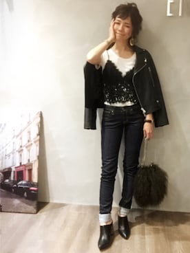 「美容師」｜「アイテム（ライダースジャケット）」を使った、SHIORI HIRAI◡̈さん（レディース・153cm）の春コーディネート