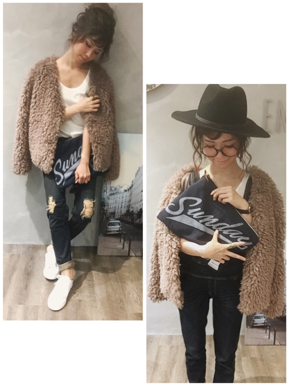 ベージュ系のノーカラージャケット、ブルー系のデニムパンツ、ブルー系のサロペット/オーバーオールを着用したレディースの秋コーディネートの1枚目の写真