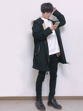 「スキニー」｜「アイテム（モッズコート）」を使った、yさん（メンズ・160cm）の春コーディネート