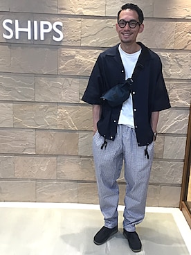 「アイテム（ボディバッグ/ウエストポーチ、ブルー系）」を使った、福山さん（メンズ・178cm）の夏コーディネート
