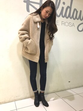 「ボア」｜「アイテム（ライダースジャケット）」を使った、みかさん（レディース・164cm）の秋コーディネート