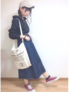 「chocomee（チョコミー）のアイテム（デニムスカート）」を使った、もも⋆*さん（レディース・155cm）の春コーディネート