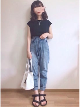 「Chaco closet（チャコ クローゼット）のワッフルフレンチスリーブ半袖T（Tシャツ/カットソー）」を使った、mocaさん（レディース・155cm）の夏コーディネート