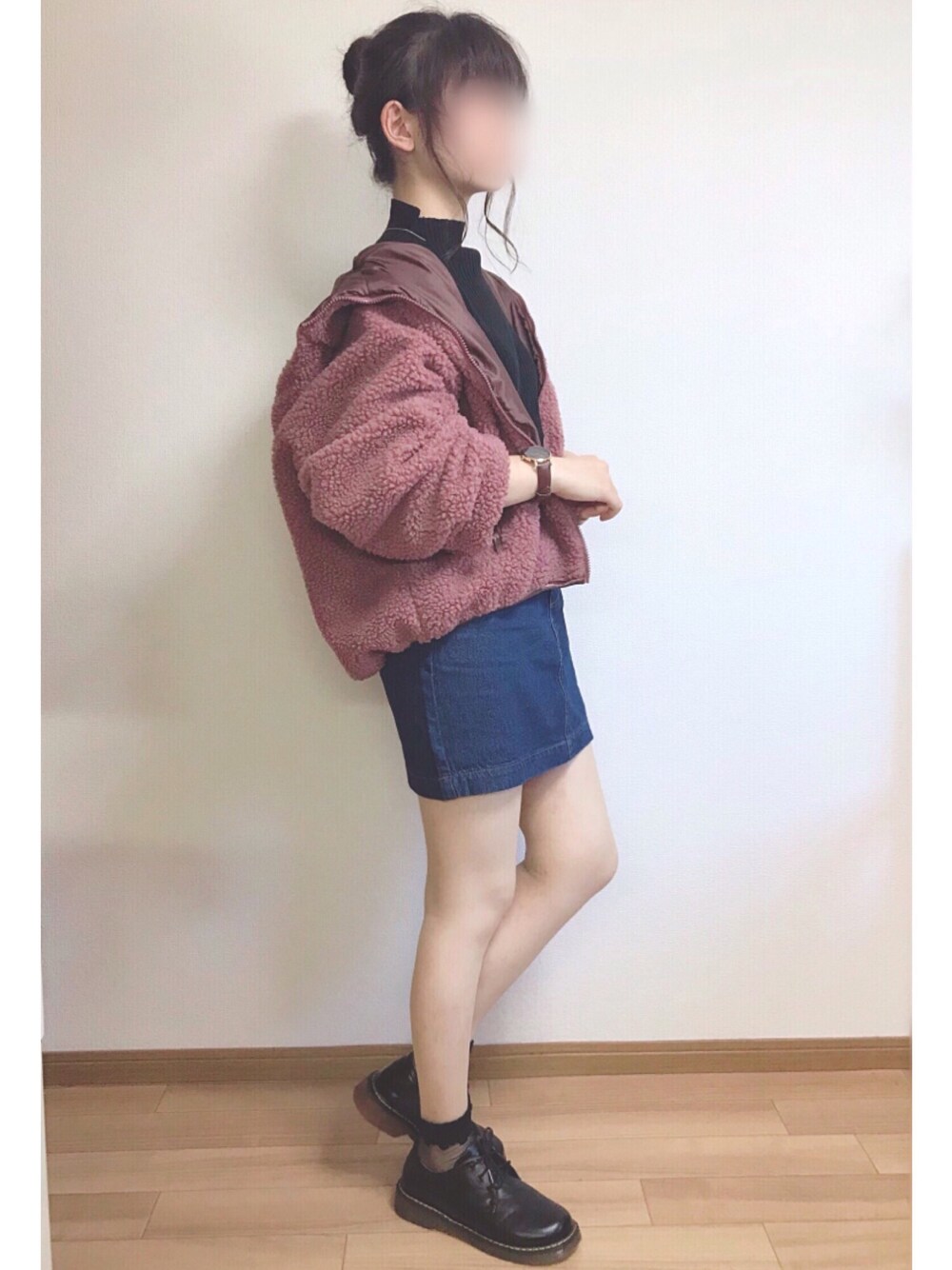 「アドレセンス、adolescence、ZOZOでしか買えない、カジュアル、低身長、プチプラ、秋コーデ、ボアブルゾン」｜「ADOLESCENCE のもこもこフードボアブルゾン【ZOZOTOWN限定アイテム】（ブルゾン、ピンク系）」を使った、もも⋆*さん（レディース・155cm）の秋コーディネートの1枚目の写真