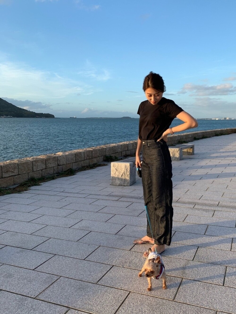 「パンツスタイル、シンプル、カジュアル、ユニクロ、snidel、ootd」｜「UNIQLOのクルーネックT（半袖）（Tシャツ/カットソー、ブラック系）」を使った、ゆきさん（レディース・171cm）の秋コーディネートの1枚目の写真
